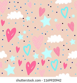 Vector set collection design hand drawn elegant cute seamless pattern with clouds and hearts