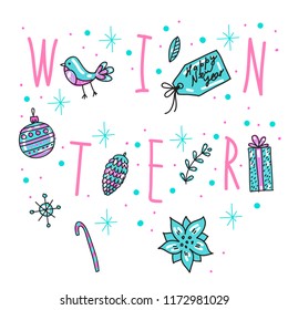 Vector set collection design hand drawn cute concept winter christmas decoration colorful pattern