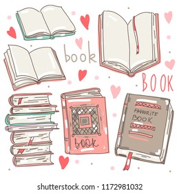 Vector set collection design hand drawn cute concept with books and hearts
