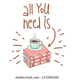 Vector set collection design hand drawn cute concept with book and coffee