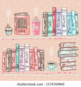 Vector set collection design hand drawn cute concept with books and coffee