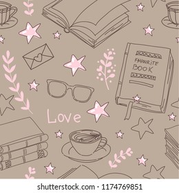 Vector set collection design hand drawn cute concept seamless pattern with books coffee and decorative elements