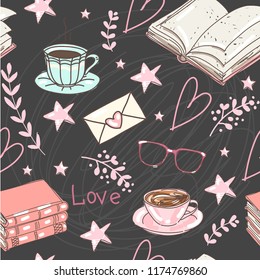 Vector set collection design hand drawn cute concept seamless pattern with books coffee and decorative elements