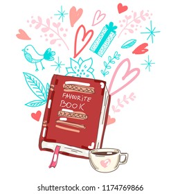 Vector set collection design hand drawn cute concept with book coffee and decoration