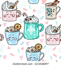 Vector set collection design hand drawn doodle sweet cute seamless pattern with cup mag coffee tea dessert 