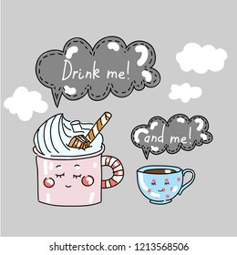 Vector set collection design hand drawn doodle sweet cute cup of tea and mug of coffee dessert 