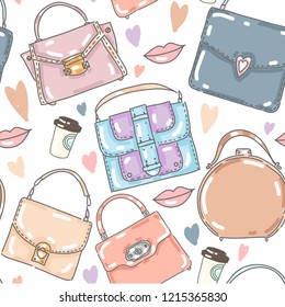 vector set collection design hand drawn cute seamless pattern with hand bags and decorative elements