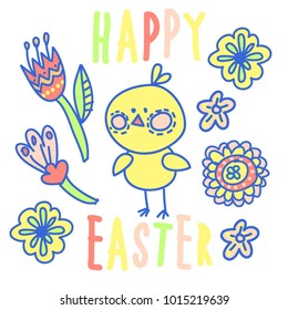 Vector set collection design happy cute easter chicken with flowers