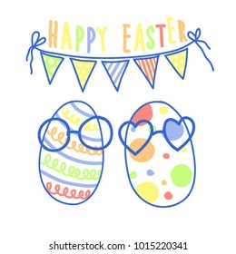 Vector set collection design happy cute easter eggs in a glasses