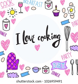Vector set collection design lettering concept I love cooking with kitchen tools and stuff hearts, cup, egg, muffin, jar