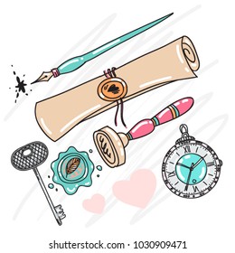 Vector set collection design romantic concept with hearts, letter, watches, silver key, ink pen and wax stamp