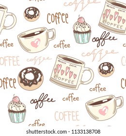 Vector set collection design seamless pattern with hand drawn cute sweet coffee cups and desserts