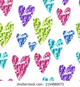 Vector set collection design seamless pattern with hand drawn cute sequin colorful hearts