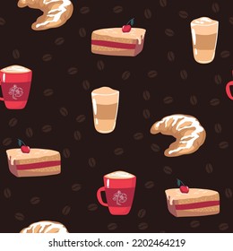 Vector set collection design seamless pattern with hand drawn cute sweet coffee cups and desserts