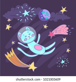 vector set collection design space cosmos concept with funny cute cartoon cat astronaut with planets and stars