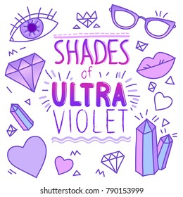 Vector set collection design of ultra violet colour with violet patches and stickers, crystals, hearts, lips