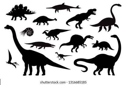 Vector set collection of different black dinosaur silhouette isolated on white background  