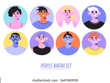 Vector set or collection of different diverse people avatars in colorful circles. Social media or web portraits of students, teammates, friends, colleagues of different age, lifestyle, nationality.