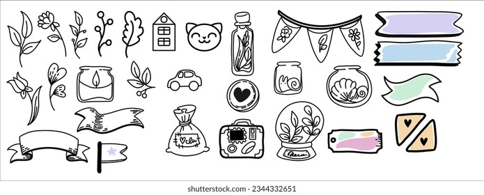 vector set collection of doodle elements travel ribbons jars black and white outline
