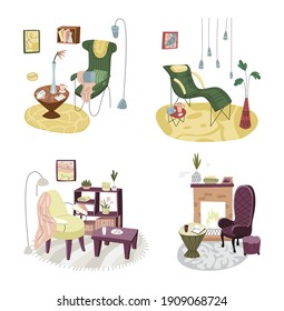 Vector set, collection of drawn illustrations with accessories for living room, recreation area, bedroom. Chairs, chairs, tables, fireplaces, lamps, decorative ornaments are depicted.