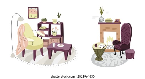 Vector set, a collection of drawn illustrations with accessories for the living room, recreation area, bedroom. Chairs, chairs, tables, fireplaces, lamps, decorative ornaments are depicted.