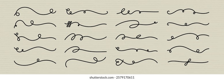 Vector set. A collection of elegant, swirling line designs. These decorative lines feature various curls and loops, perfect for adding a touch of elegance and style. Hand drawn ornament vector set.