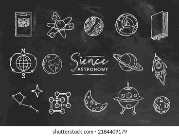 Vector set collection with elements of astronomy science, chalk style on black board. Chalk doodles on textured chalkboard. Back to school and college supples. Planets and spaceships, chalk effect