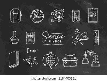 Vector set collection with elements of physics science, chalk style on black board. Chalk doodles on textured chalkboard. Back to school and college supples. Handrawings white outlines. Isolated.