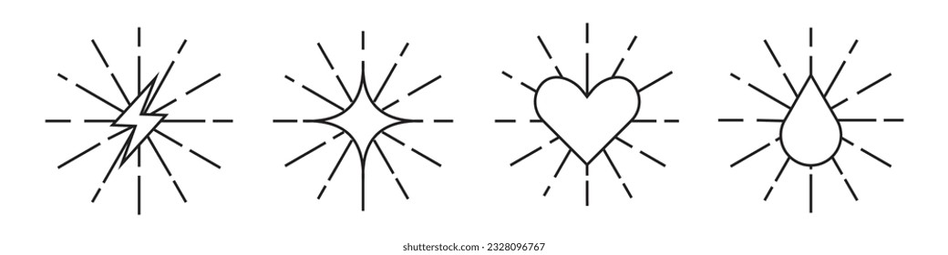 Vektorset Sammlung von Energie, Liebe, Wassertropfen, Sternsymbol. Herzenszeichen mit sonnendurchbrochenen Pfeilen. Einfach umrissener Hub von glänzendem Funkenblitzsymbol für Web-App bei Verwendung