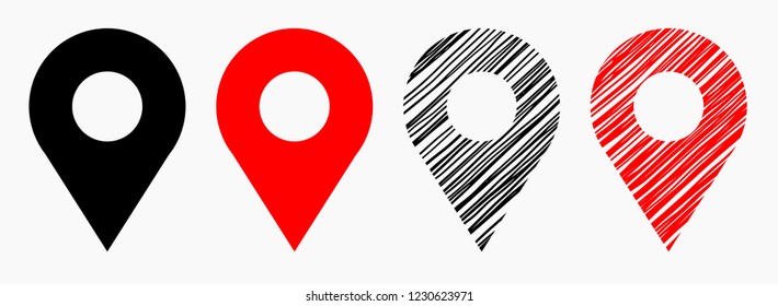 Vector set collection of geo location pins isolated on white background - 2 contour versions and 2 hand drawn sketchy style versions