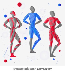 Vector set, collection gray silhouette man athlete and abstract blue, red and gray gradient lines pattern design for sportswear