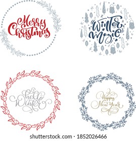 Vector set collection of hand drawn Christmas wreaths with xmas text. Fir branches, red berries, leaves and other elements. Round frame for winter design Christmas card, poster, banner