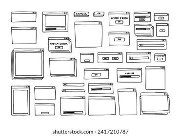 vector set collection of hand drawn ui user interface outline doodle drawing black and white with blank window, loading bar, search bar, and stacked window