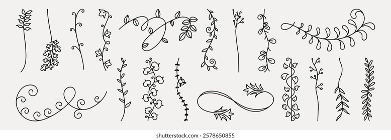 Vector set. Collection of hand-drawn floral doodles. Delicate floral designs with swirls and leaves. Perfect for floral-themed projects and decorative floral elements. Hand drawn ornament vector set.