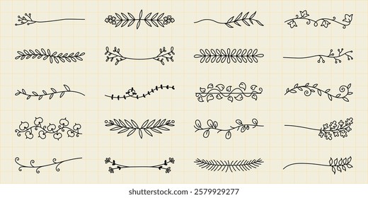 Vector set. Collection of hand-drawn floral dividers, featuring leaves and branches. Perfect for decorative borders, floral designs, and nature-themed projects. Hand drawn ornament vector set.