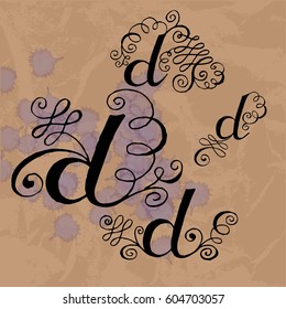 Vector  Set Collection.  Handwritten  Letters D on the Background of Old Paper and Ink Spots. Vintage letters Stylized with Swirl, Curl and Broken Contour.