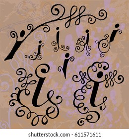 Vector  Set Collection.  Handwritten  Letters I on the Background of Old Paper and Ink Spots. Vintage letters Stylized with Swirl, Curl and Broken Contour.