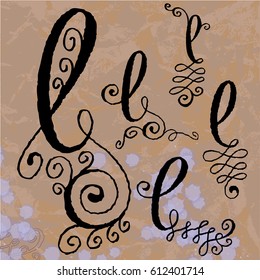 Vector  Set Collection.  Handwritten  Letters L on the Background of Old Paper and Ink Spots. Vintage letters Stylized with Swirl, Curl and Broken Contour.
