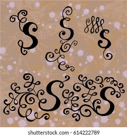Vector  Set Collection.  Handwritten  Letters S on the Background of Old Paper and Ink Spots. Vintage letters Stylized with Swirl, Curl and Broken Contour. 