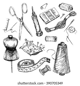 Vector set: collection of highly detailed hand drawn sewing and knitting tools.