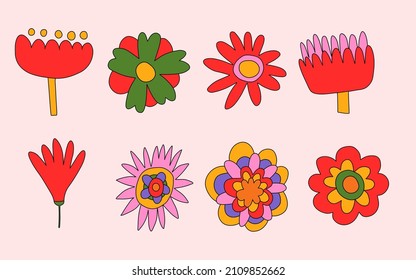 vector set collection of hippie flowers.Summer psychedelic plants in 70s and 80s style. Vibrant groovy and funky botanic.Kidcore rainbow tattoo stickers.Vintage festive spring colorful nostalgia