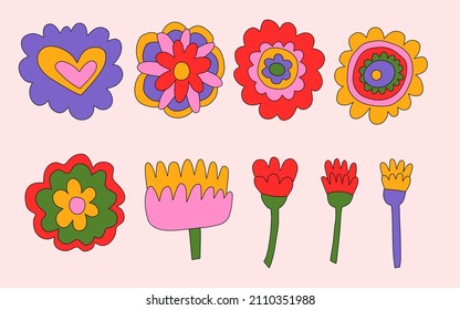 vector set collection of hippie flowers.Summer psychedelic plants in 70s and 80s style. Vibrant groovy and funky botanic.Kidcore rainbow tattoo stickers.Vintage festive spring colorful nostalgia