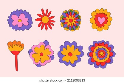 vector set collection of hippie flowers.Summer psychedelic plants in 70s and 80s style. Vibrant groovy and funky botanic.Kidcore rainbow tattoo stickers.Vintage festive spring colorful nostalgia