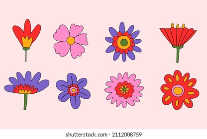 vector set collection of hippie flowers.Summer psychedelic plants in 70s and 80s style. Vibrant groovy and funky botanic.Kidcore rainbow tattoo stickers.Vintage festive spring colorful nostalgia