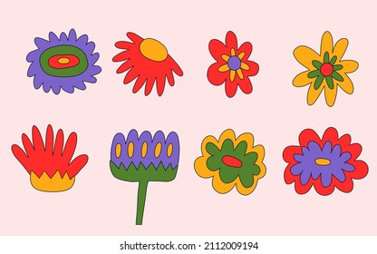 vector set collection of hippie flowers.Summer psychedelic plants in 70s and 80s style. Vibrant groovy and funky botanic.Kidcore rainbow tattoo stickers.Vintage festive spring colorful nostalgia