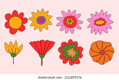 vector set collection of hippie flowers.Summer psychedelic plants in 70s and 80s style. Vibrant groovy and funky botanic.Kidcore rainbow tattoo stickers.Vintage festive spring colorful nostalgia