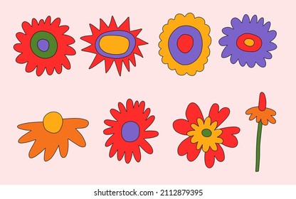 vector set collection of hippie flowers.Summer psychedelic plants in 70s and 80s style. Vibrant groovy and funky botanic.Kidcore rainbow tattoo stickers.Vintage festive spring colorful nostalgia