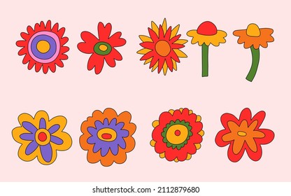 vector set collection of hippie flowers.Summer psychedelic plants in 70s and 80s style. Vibrant groovy and funky botanic.Kidcore rainbow tattoo stickers.Vintage festive spring colorful nostalgia