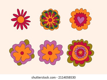 vector set collection of hippie flowers.Summer psychedelic plants in 70s and 80s style. Vibrant groovy and funky botanic.Kidcore rainbow tattoo stickers.Vintage festive spring colorful nostalgia