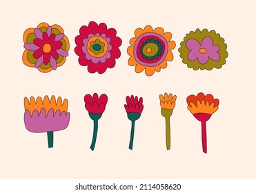 vector set collection of hippie flowers.Summer psychedelic plants in 70s and 80s style. Vibrant groovy and funky botanic.Kidcore rainbow tattoo stickers.Vintage festive spring colorful nostalgia